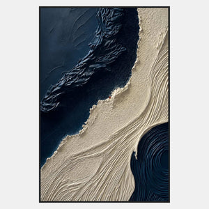 Sculpted ivory currents crossing midnight navy with a small rust-red accent.