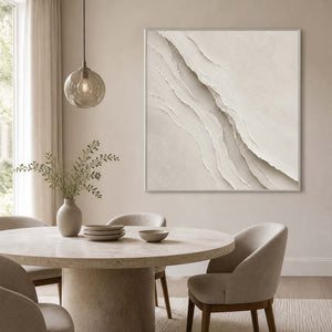 Vertical Wabi-Sabi wall art displayed in a light beige dining room.