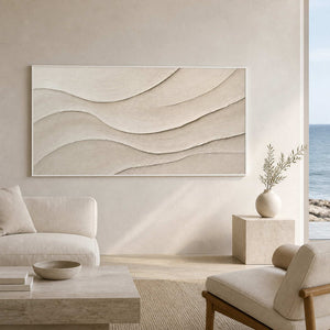 Flowing ivory wall art displayed in a luminous ocean-view lounge.