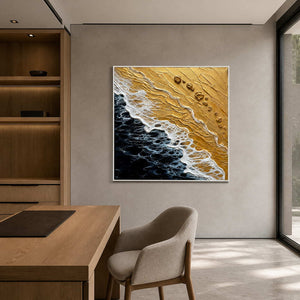 Modern coastal wall art displayed in a light oak home office.
