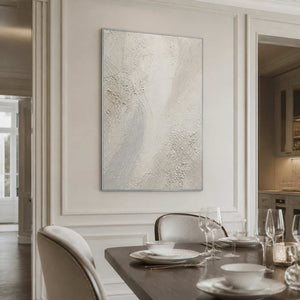 White mineral textured wall art displayed in a refined American dining room.