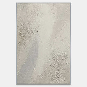 Hand-worked vertical Wabi Sabi wall art in chalk white, warm ivory, and pale gray.