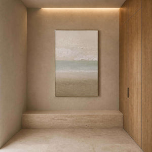 Vertical textured coastal canvas in a warm architectural entryway.
