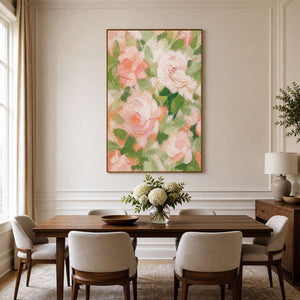 Textured pink rose wall art brings garden color to an elegant dining room.