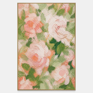 Hand-painted vertical floral canvas with blush roses, ivory petals, and layered green foliage.