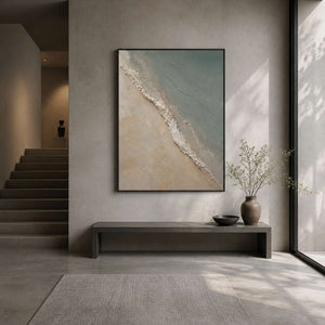 Vertical textured coastal wall art displayed in a cement gray entryway.