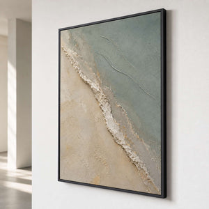 Coastal abstract shown from the side on a clean white gallery wall.