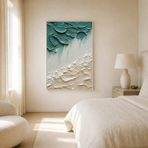 Soft sea-glass coastal canvas brings airy calm to a neutral bedroom.