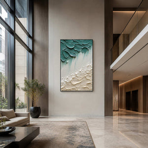 Vertical sea-glass coastal art displayed in a contemporary hotel lobby.