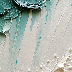 Close-up of mint drips, ivory palette-knife texture, and raised foam-like beads.