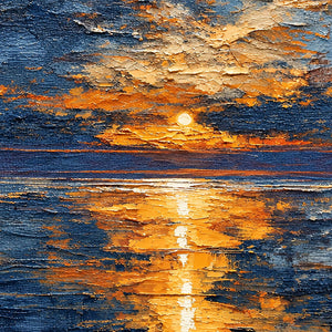 Close-up of the pale sun and orange-gold reflection broken by textured dark blue horizontal strokes.