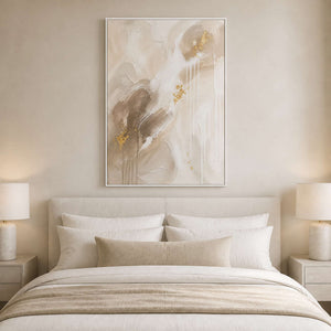 Ivory and taupe textured canvas above a calm neutral bedroom.