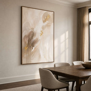 Soft earth-tone abstract artwork in a warm refined dining room.