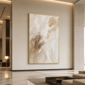 Large vertical neutral artwork in an airy hotel art lobby.