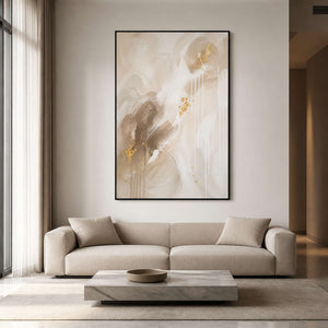 Vertical neutral textured abstract wall art in a modern living room.
