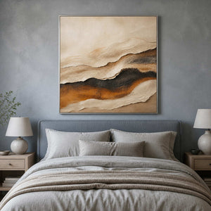 Textured abstract wall art displayed in a serene blue-gray bedroom.