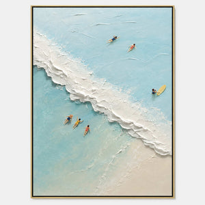 Swimmers and surfer beside a sculpted white wave in turquoise water.