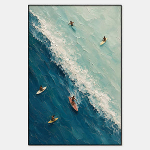 Hand-painted textured coastal wall art in blue, white, and neutral.
