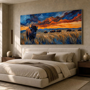 Stormy bison artwork above a softly layered modern bedroom.