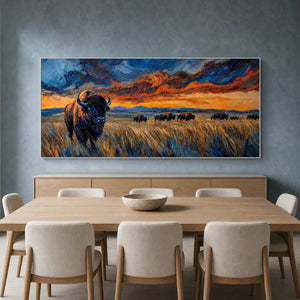 Panoramic prairie painting above a refined contemporary dining room.