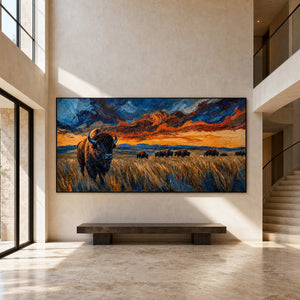 Wide buffalo painting in a dramatic double-height entry foyer.