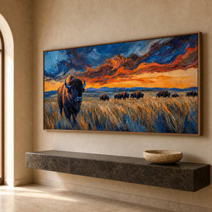 Textured wildlife art above a warm wood entryway console.