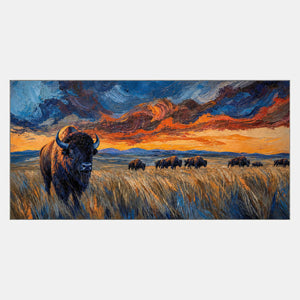 Panoramic bison painting across an amber prairie under storm-blue clouds.