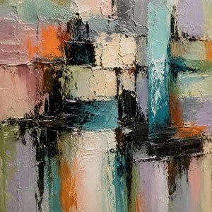 Close-up of raised pastel blocks, dark strokes, and palette-knife texture.