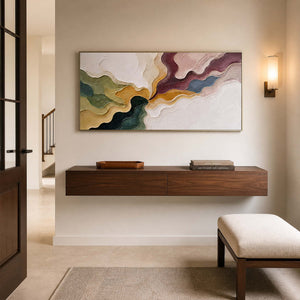 Panoramic textured abstract wall art in a refined residential entryway.