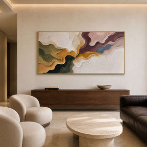 Panoramic textured abstract artwork in an art hotel lobby lounge.
