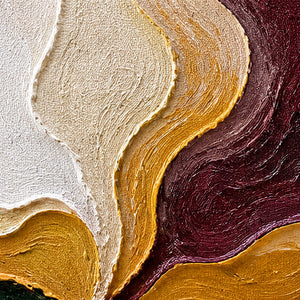 Close-up of raised burgundy, ochre, ivory, and green palette-knife curves.