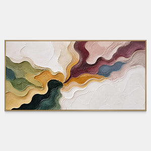 Panoramic textured abstract canvas with converging burgundy, green, ochre, and ivory bands.
