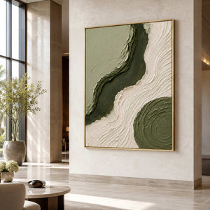 Textured abstract wall art displayed in a hotel lobby.