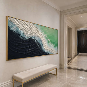 Dramatic textured wave wall art displayed in an elegant luxury entryway.