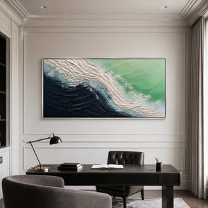 Panoramic navy and green coastal wall art displayed in a modern private office.