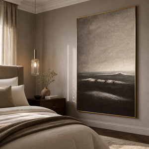 Neutral coastal artwork displayed in a luxury primary bedroom.