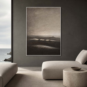 Dark tide wall art displayed in a bright ocean-view lounge.