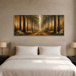 Warm forest landscape wall art above a serene ivory bedroom.