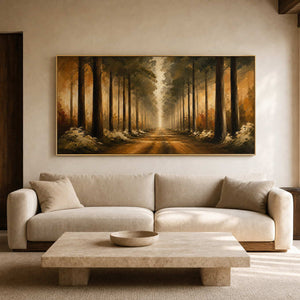 Golden forest landscape wall art above a warm neutral living room.