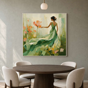 Green figurative floral wall art displayed in a softly lit dining room.