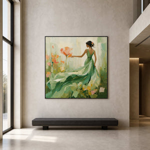 Green and coral figurative painting displayed in a tall modern foyer.