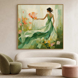 Textured figurative wall art in green and coral above a curved living room sofa.