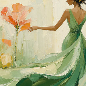 Close-up of raised green fabric strokes and coral flower texture.