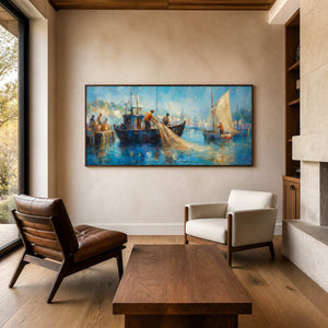 Textured coastal painting displayed in a warm wood family lounge.