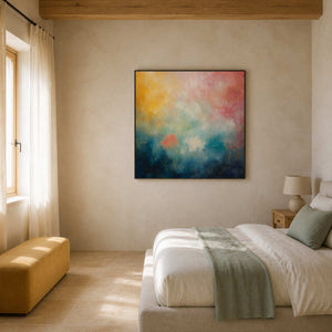 Soft abstract wall art styled above a Provence guest bedroom.