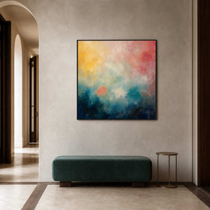 Square colorful wall art styled in a Lisbon private gallery entryway.