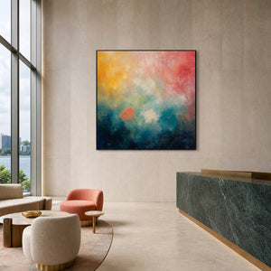 Square textured painting displayed in a Singapore waterfront hotel lobby.