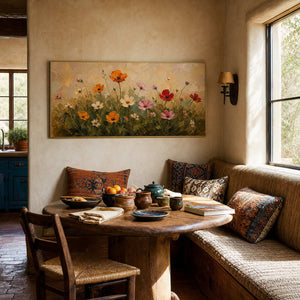 Floral panorama warming a sunlit earth-toned breakfast nook.