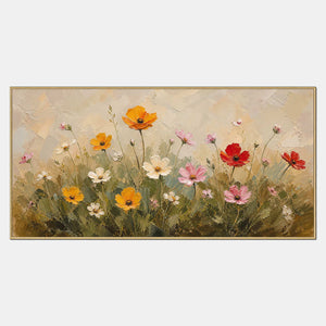 Hand-painted wildflowers in orange, red, blush, ivory, and green.