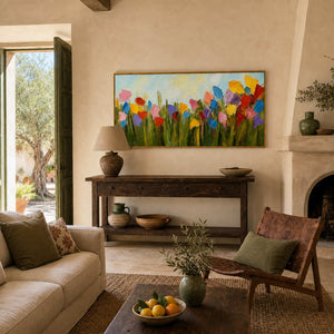 Vibrant meadow wall art displayed in a warm garden sitting room.